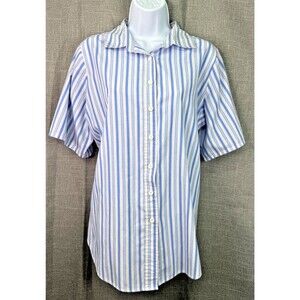 Woman Within Short Sleeve Button Down Blouse Women's Size M 14/16 Blue Stripe